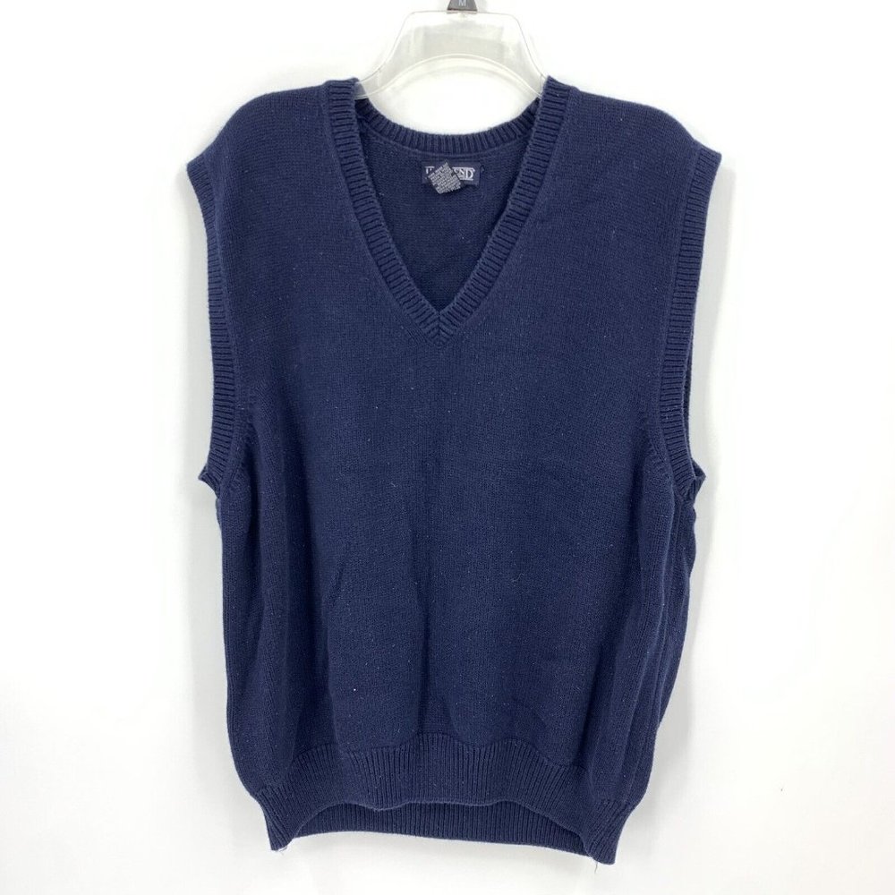 Lands End 100% Cotton Sweater Vest Navy Blue V Neck Mens L 42 44